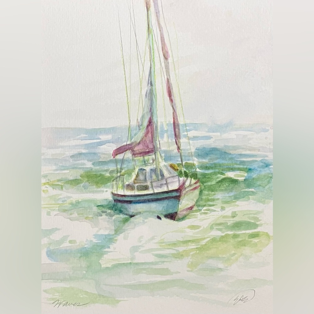 Sailboat waves original watercolor painting ocean storm boating art Artettina